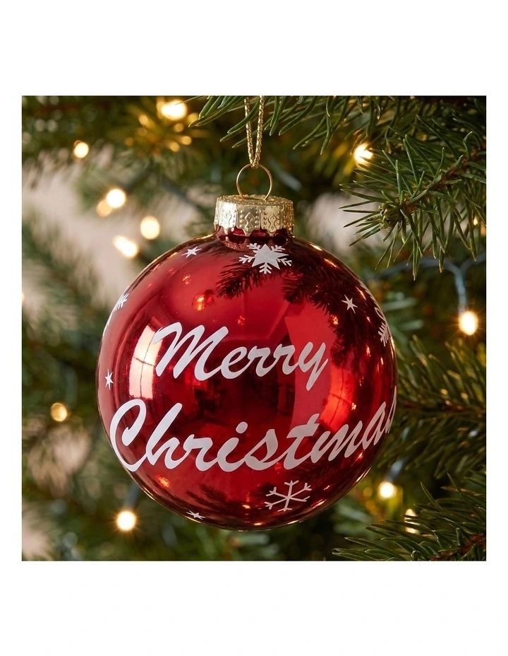 Christabelle 6 Red Glass Christmas Baubles Merry Christmas Design 8cm Xmas Tree Decorations image 7