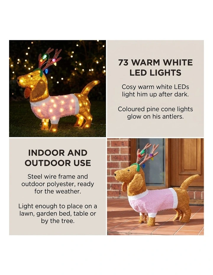 Christabelle 73cm Dachshund Dog Christmas Light Up Display Pine Cone Lights Outdoor Indoor Decor image 3