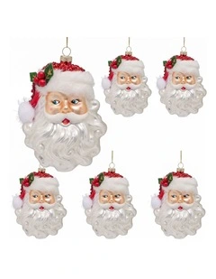 Christabelle 6 Glass Christmas Baubles Santa Head Fur Trim Novelty 13cm Xmas Tree Decorations