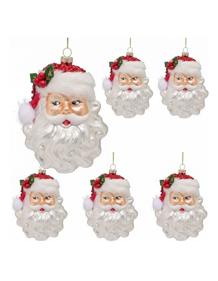 Christabelle 6 Glass Christmas Baubles Santa Head Fur Trim Novelty 13cm Xmas Tree Decorations image 1