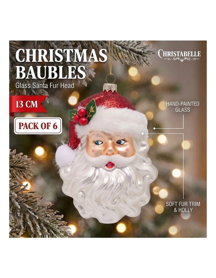 Christabelle 6 Glass Christmas Baubles Santa Head Fur Trim Novelty 13cm Xmas Tree Decorations image 2