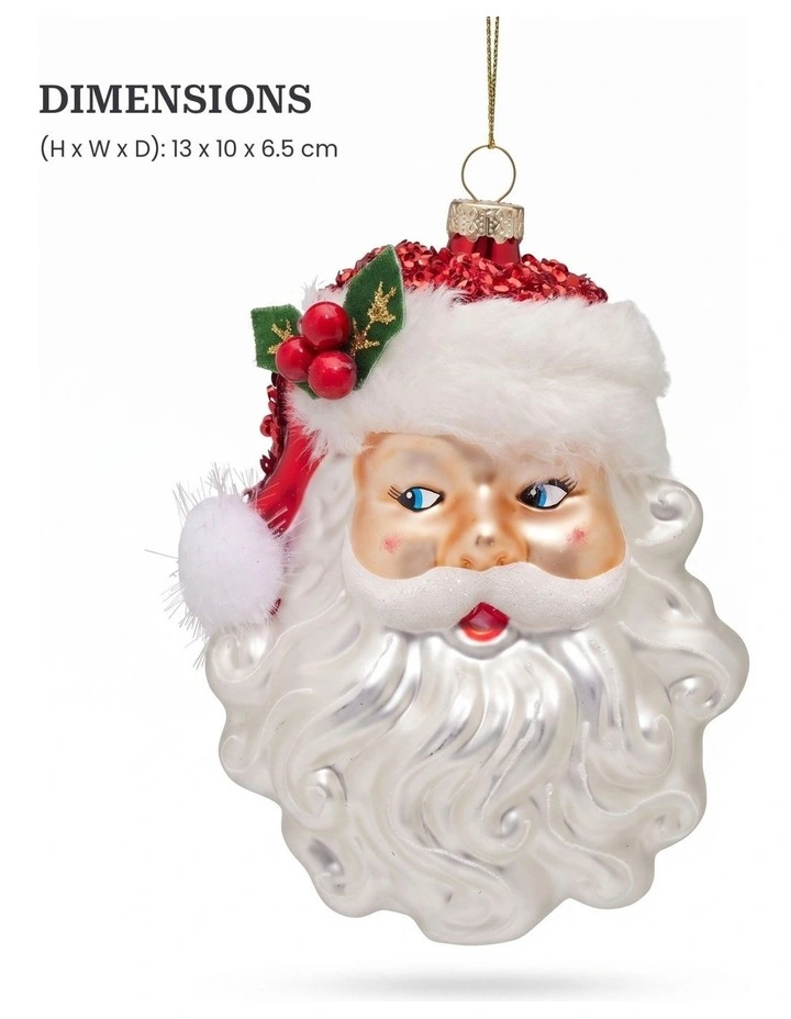 Christabelle 6 Glass Christmas Baubles Santa Head Fur Trim Novelty 13cm Xmas Tree Decorations image 3