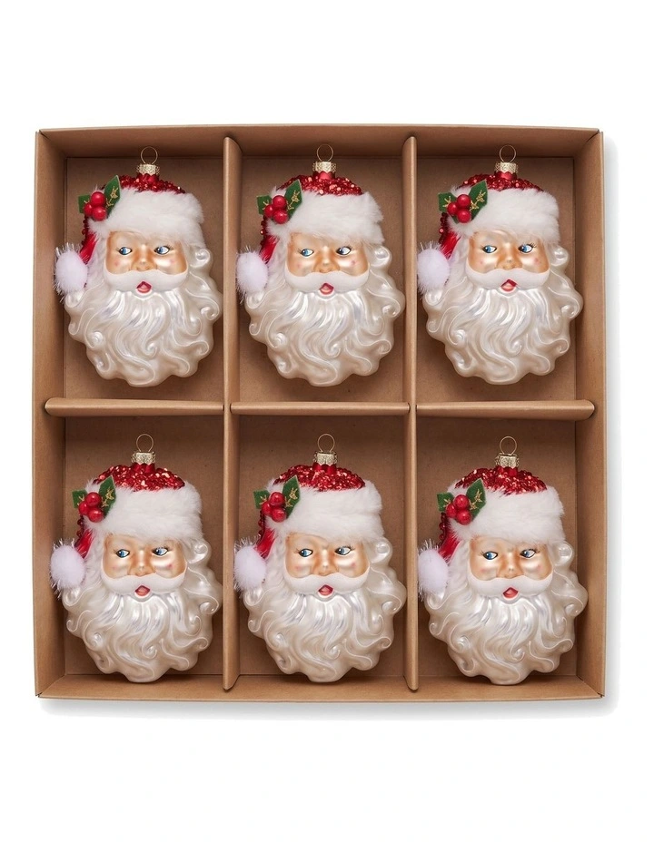 Christabelle 6 Glass Christmas Baubles Santa Head Fur Trim Novelty 13cm Xmas Tree Decorations image 4