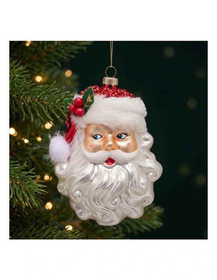 Christabelle 6 Glass Christmas Baubles Santa Head Fur Trim Novelty 13cm Xmas Tree Decorations image 5