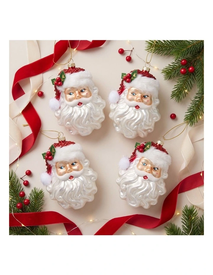 Christabelle 6 Glass Christmas Baubles Santa Head Fur Trim Novelty 13cm Xmas Tree Decorations image 6