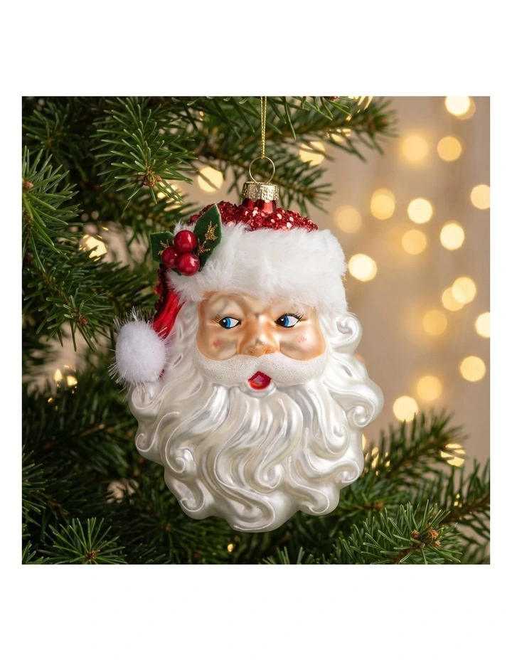 Christabelle 6 Glass Christmas Baubles Santa Head Fur Trim Novelty 13cm Xmas Tree Decorations image 7