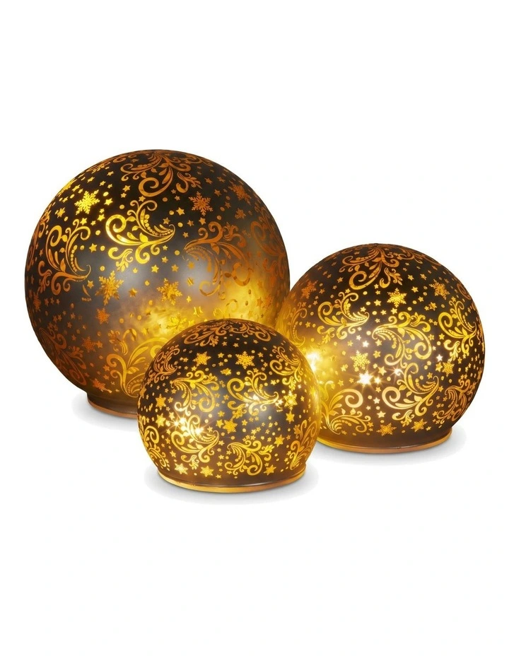 Christabelle 3 Silver Glass Christmas LED Light Up Spheres Gold Pattern Table Decor Xmas image 1
