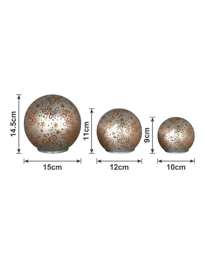Christabelle 3 Silver Glass Christmas LED Light Up Spheres Gold Pattern Table Decor Xmas image 2