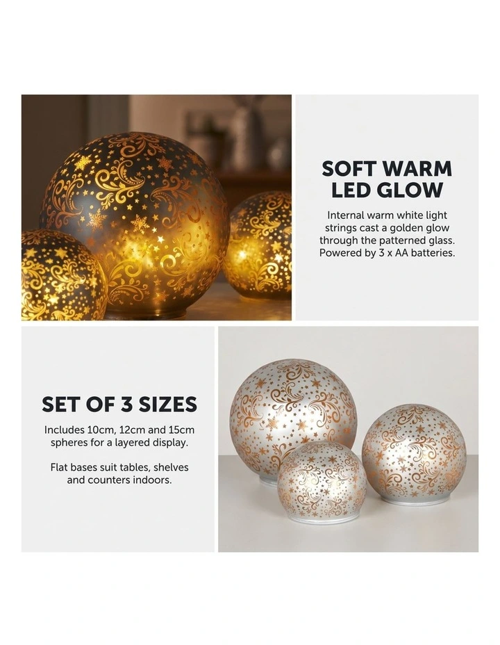 Christabelle 3 Silver Glass Christmas LED Light Up Spheres Gold Pattern Table Decor Xmas image 3