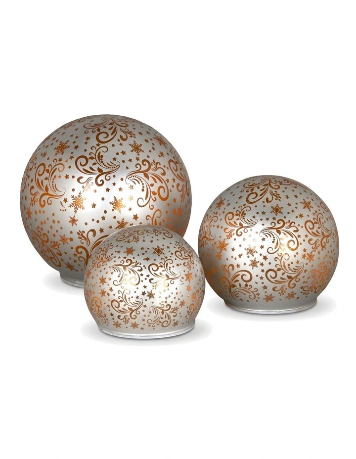 Christabelle 3 Silver Glass Christmas LED Light Up Spheres Gold Pattern Table Decor Xmas image 4