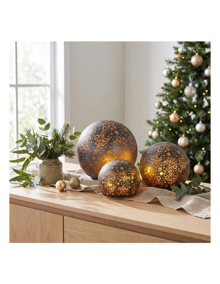 Christabelle 3 Silver Glass Christmas LED Light Up Spheres Gold Pattern Table Decor Xmas image 5