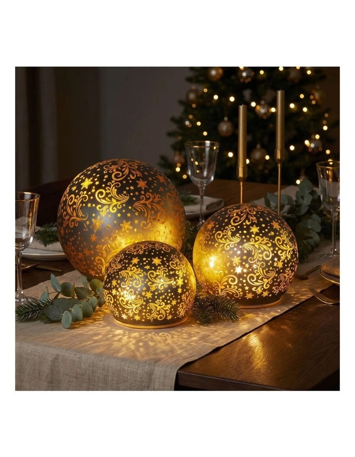 Christabelle 3 Silver Glass Christmas LED Light Up Spheres Gold Pattern Table Decor Xmas image 6