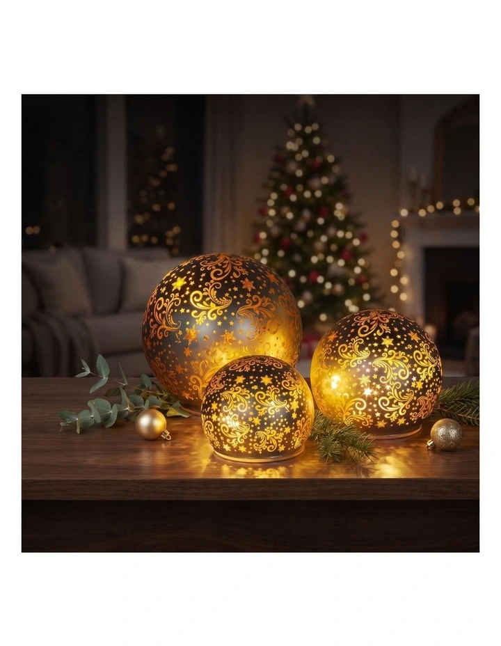 Christabelle 3 Silver Glass Christmas LED Light Up Spheres Gold Pattern Table Decor Xmas image 7
