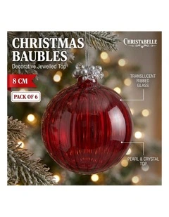 Christabelle 6 Red Glass Christmas Baubles Jewelled Top 8cm Xmas Tree Decorations
