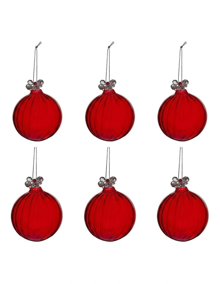 Christabelle 6 Red Glass Christmas Baubles Jewelled Top 8cm Xmas Tree Decorations image 2