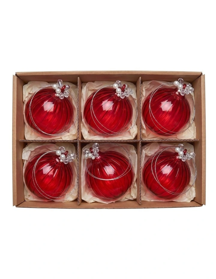 Christabelle 6 Red Glass Christmas Baubles Jewelled Top 8cm Xmas Tree Decorations image 6