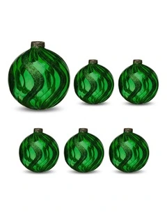 Christabelle 6 Green Glass Christmas Baubles Shimmer Wave 8cm Xmas Tree Decorations