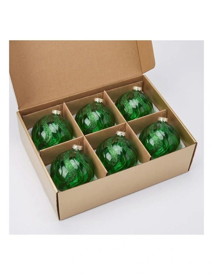 Christabelle 6 Green Glass Christmas Baubles Shimmer Wave 8cm Xmas Tree Decorations image 3