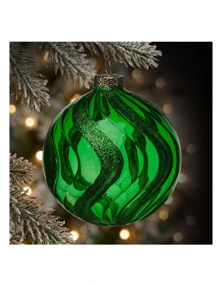 Christabelle 6 Green Glass Christmas Baubles Shimmer Wave 8cm Xmas Tree Decorations image 4