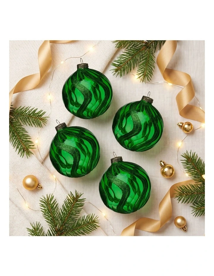 Christabelle 6 Green Glass Christmas Baubles Shimmer Wave 8cm Xmas Tree Decorations image 5