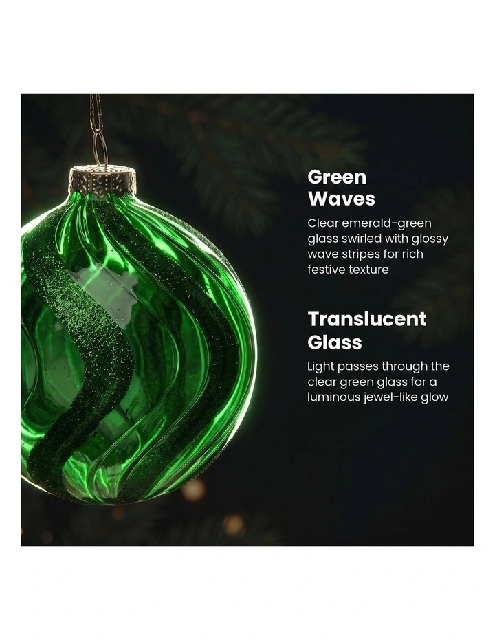 Christabelle 6 Green Glass Christmas Baubles Shimmer Wave 8cm Xmas Tree Decorations image 6