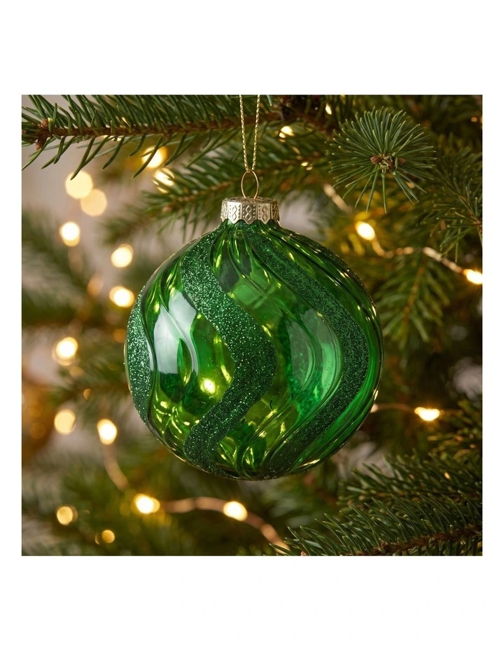 Christabelle 6 Green Glass Christmas Baubles Shimmer Wave 8cm Xmas Tree Decorations image 7