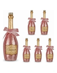 Christabelle 6 Pink Glass Christmas Baubles Champagne Bottle Novelty 14cm Xmas Tree Decorations