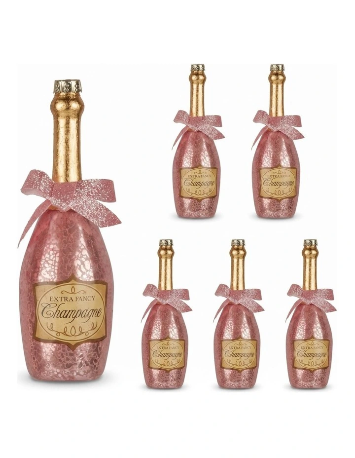 Christabelle 6 Pink Glass Christmas Baubles Champagne Bottle Novelty 14cm Xmas Tree Decorations image 1