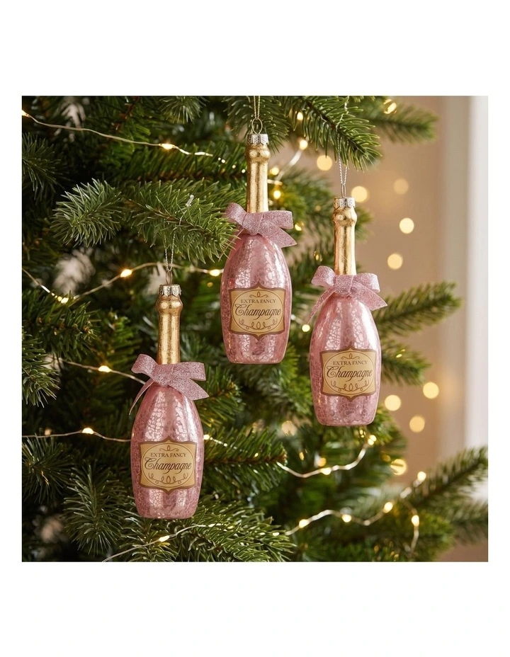 Christabelle 6 Pink Glass Christmas Baubles Champagne Bottle Novelty 14cm Xmas Tree Decorations image 2