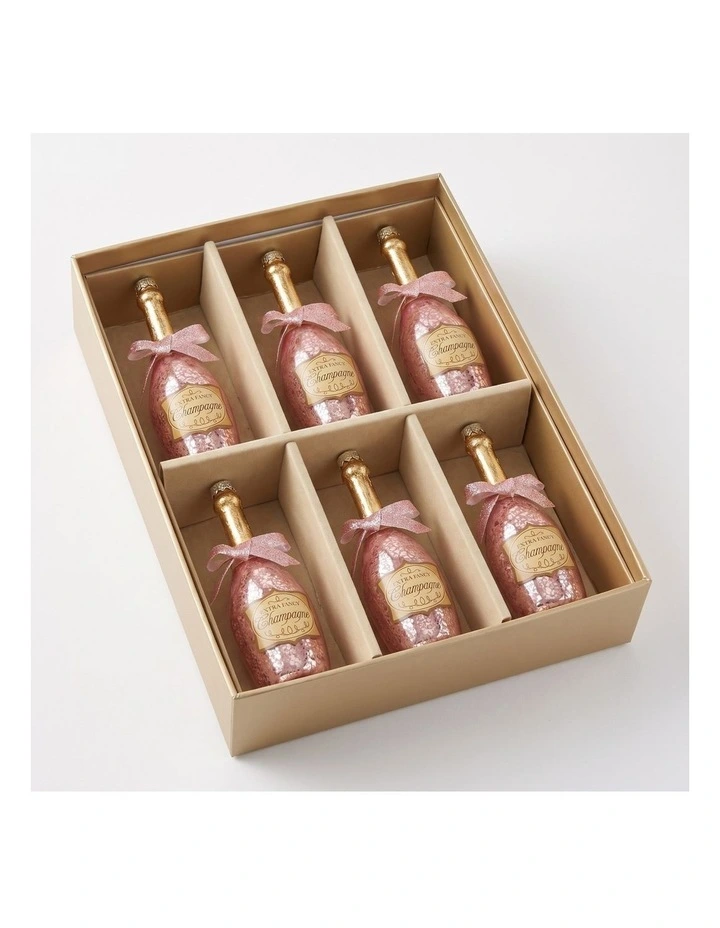 Christabelle 6 Pink Glass Christmas Baubles Champagne Bottle Novelty 14cm Xmas Tree Decorations image 4