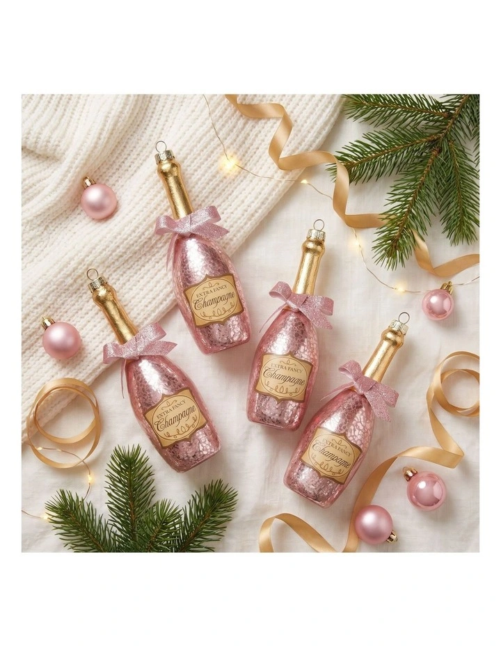 Christabelle 6 Pink Glass Christmas Baubles Champagne Bottle Novelty 14cm Xmas Tree Decorations image 6
