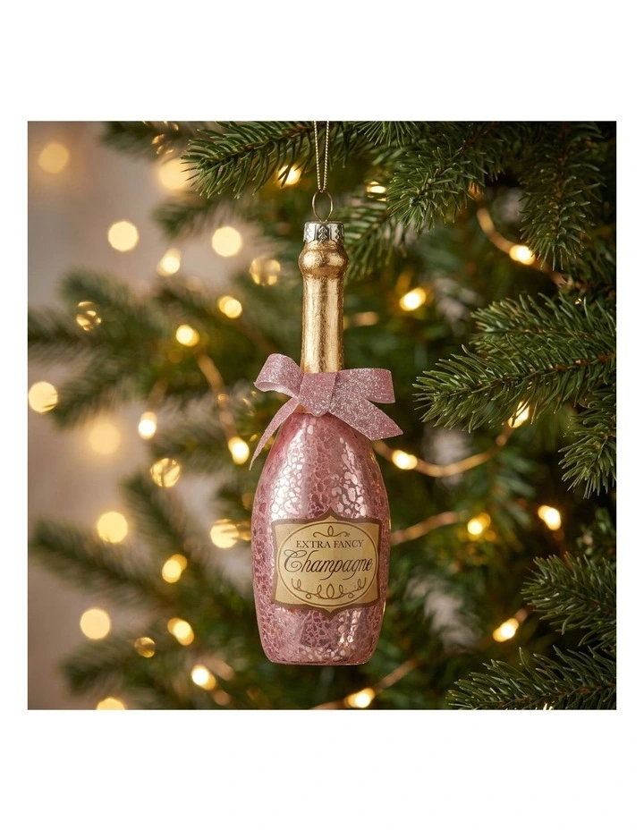 Christabelle 6 Pink Glass Christmas Baubles Champagne Bottle Novelty 14cm Xmas Tree Decorations image 7