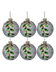 Christabelle 6 White Glass Christmas Baubles Green Jewel Leaf 8cm Xmas Tree Decorations