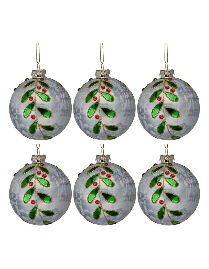 Christabelle 6 White Glass Christmas Baubles Green Jewel Leaf 8cm Xmas Tree Decorations image 1