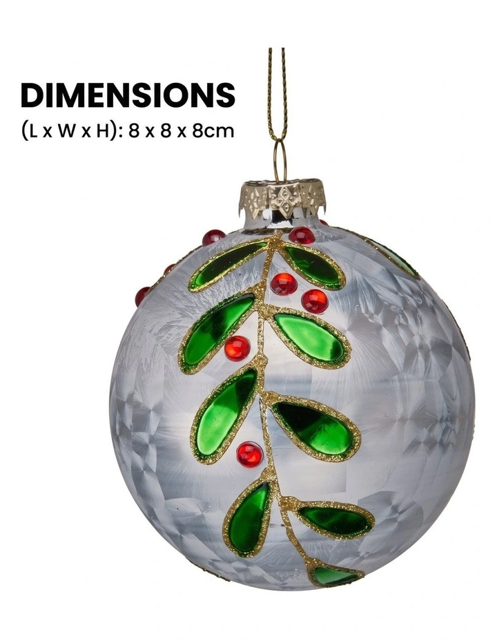 Christabelle 6 White Glass Christmas Baubles Green Jewel Leaf 8cm Xmas Tree Decorations image 2