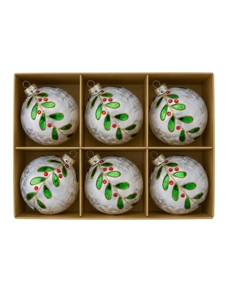 Christabelle 6 White Glass Christmas Baubles Green Jewel Leaf 8cm Xmas Tree Decorations image 3