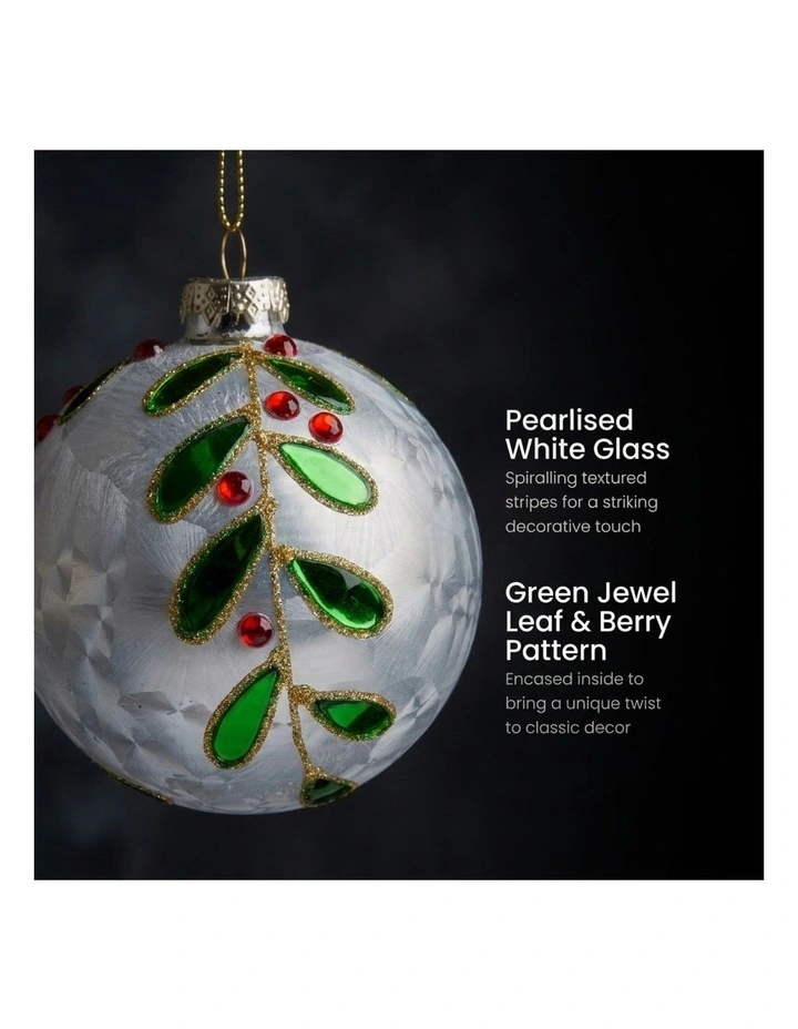 Christabelle 6 White Glass Christmas Baubles Green Jewel Leaf 8cm Xmas Tree Decorations image 4