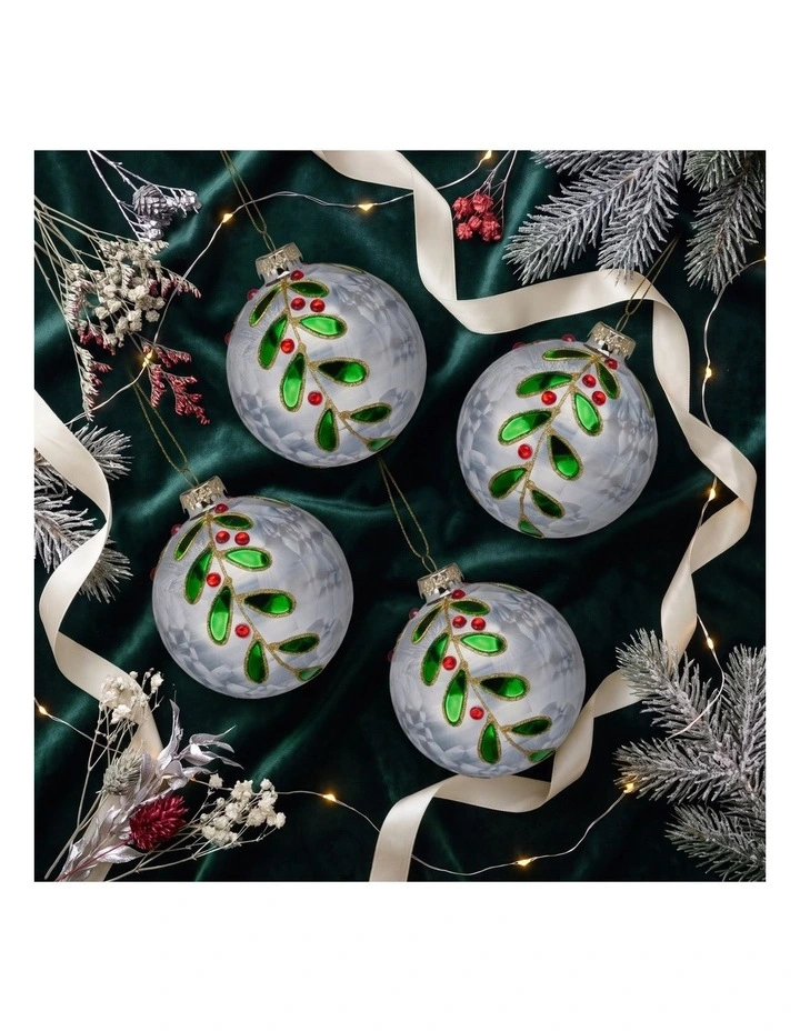 Christabelle 6 White Glass Christmas Baubles Green Jewel Leaf 8cm Xmas Tree Decorations image 5