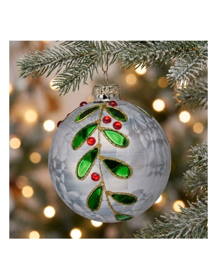 Christabelle 6 White Glass Christmas Baubles Green Jewel Leaf 8cm Xmas Tree Decorations image 6