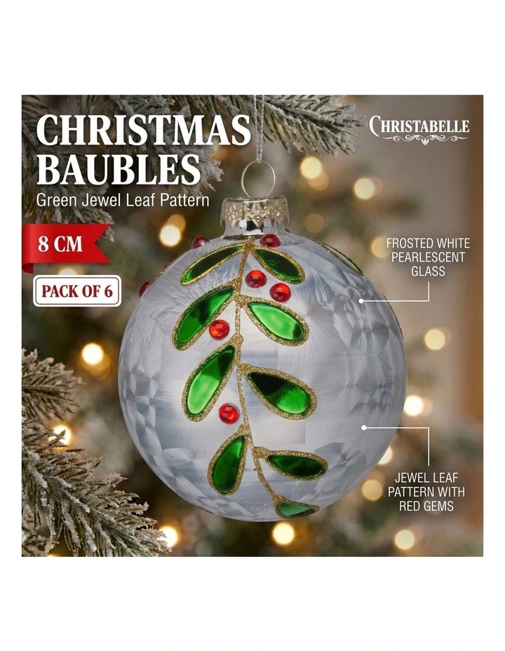 Christabelle 6 White Glass Christmas Baubles Green Jewel Leaf 8cm Xmas Tree Decorations image 7