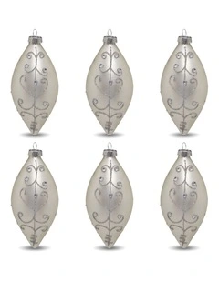 Christabelle 6 White Glass Christmas Teardrop Baubles Silver Jewel 13cm Xmas Tree Decorations