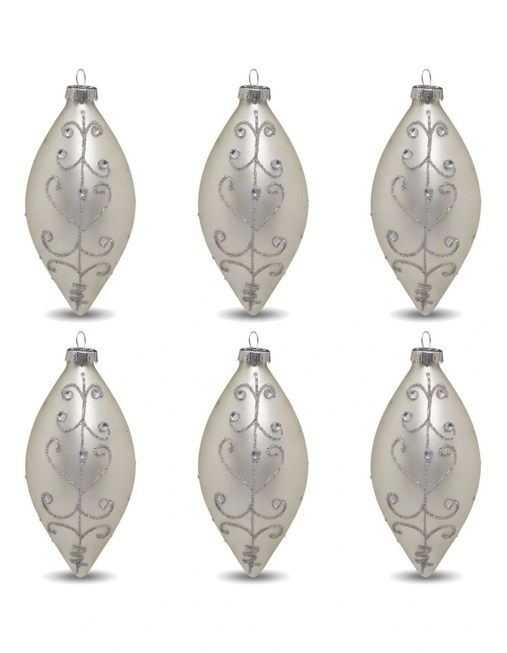 Christabelle 6 White Glass Christmas Teardrop Baubles Silver Jewel 13cm Xmas Tree Decorations image 1