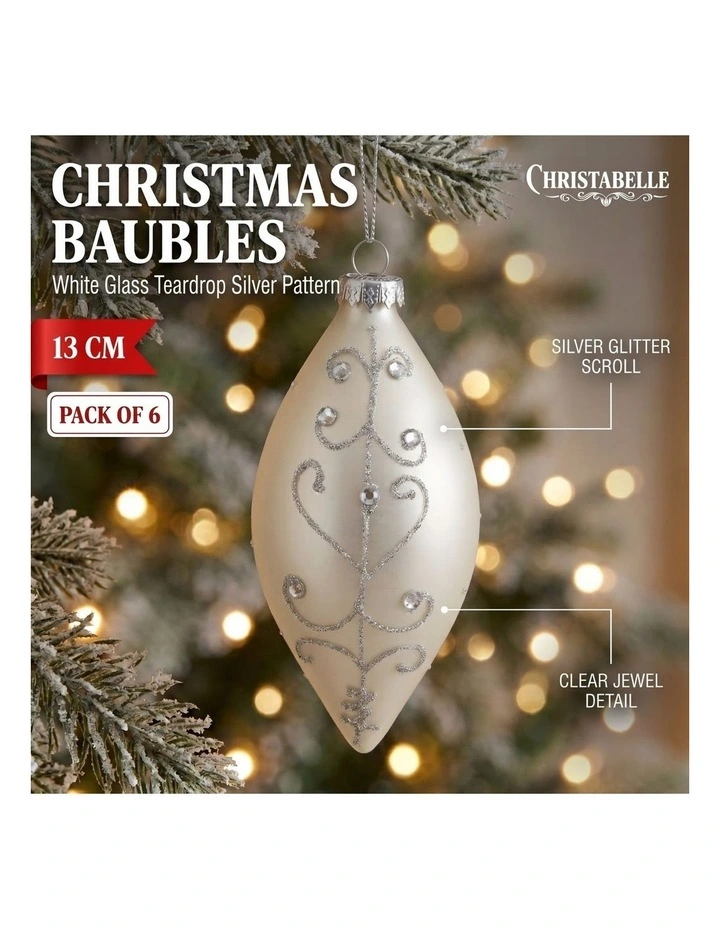 Christabelle 6 White Glass Christmas Teardrop Baubles Silver Jewel 13cm Xmas Tree Decorations image 2