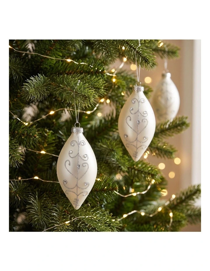 Christabelle 6 White Glass Christmas Teardrop Baubles Silver Jewel 13cm Xmas Tree Decorations image 3