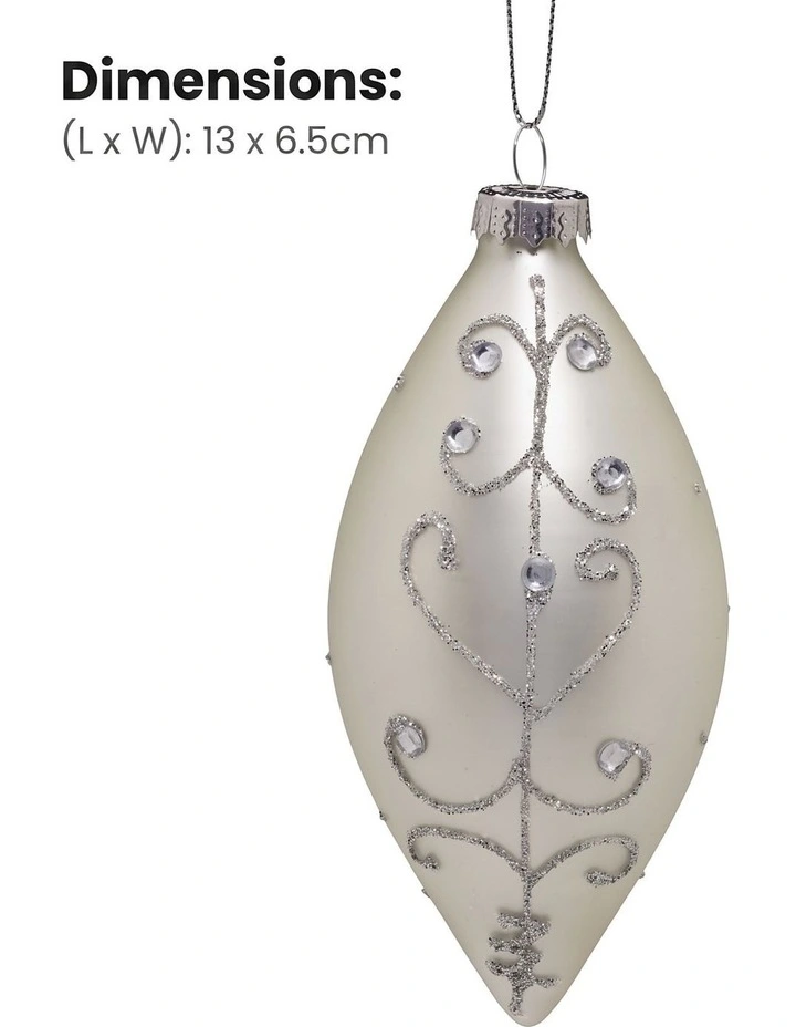 Christabelle 6 White Glass Christmas Teardrop Baubles Silver Jewel 13cm Xmas Tree Decorations image 4