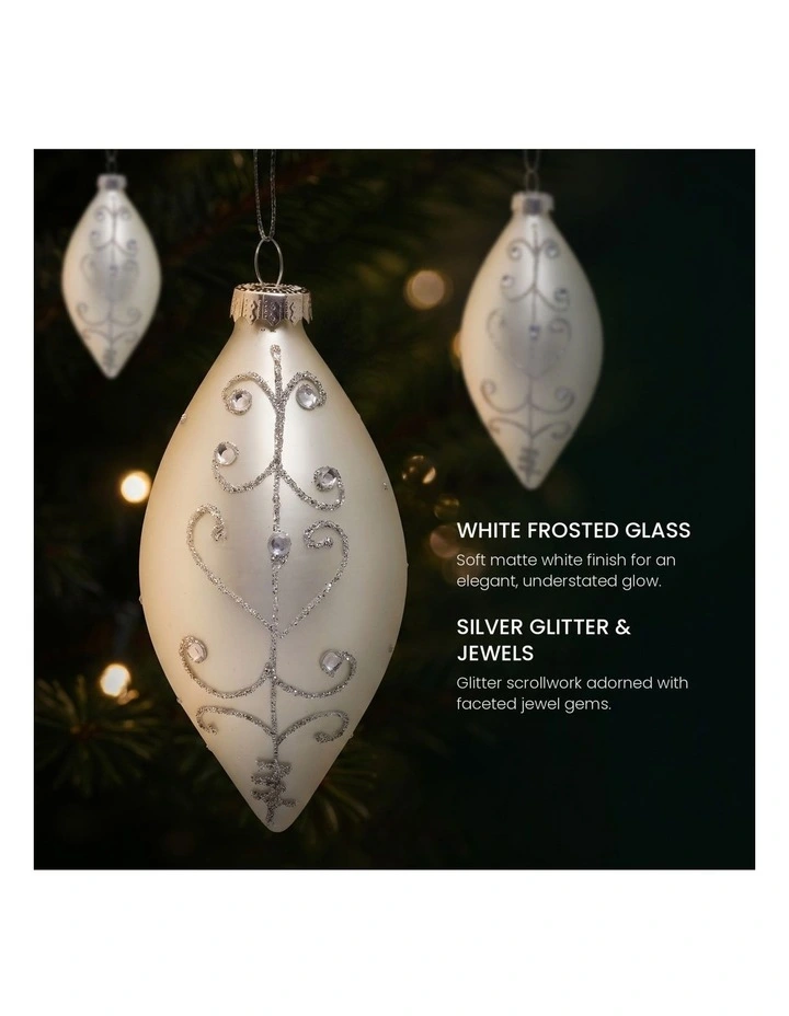 Christabelle 6 White Glass Christmas Teardrop Baubles Silver Jewel 13cm Xmas Tree Decorations image 5