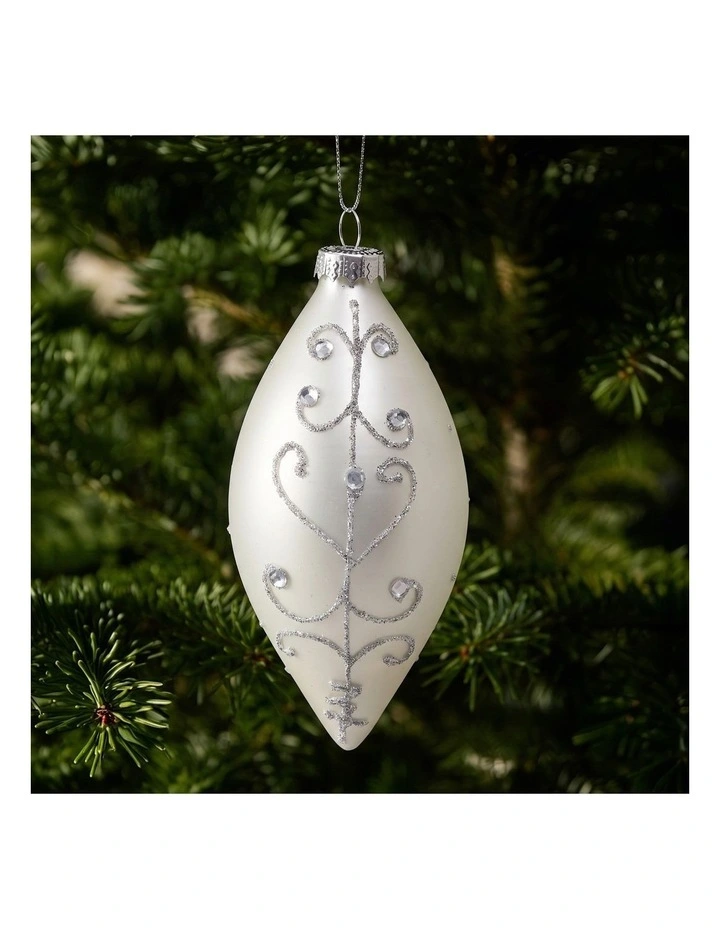 Christabelle 6 White Glass Christmas Teardrop Baubles Silver Jewel 13cm Xmas Tree Decorations image 6