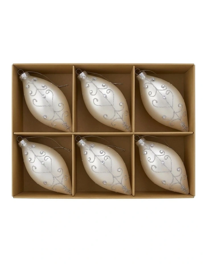 Christabelle 6 White Glass Christmas Teardrop Baubles Silver Jewel 13cm Xmas Tree Decorations image 7