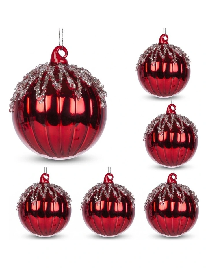 Christabelle 6 Red Glass Christmas Baubles Jewel Ice Drips 8cm Xmas Tree Decorations image 1