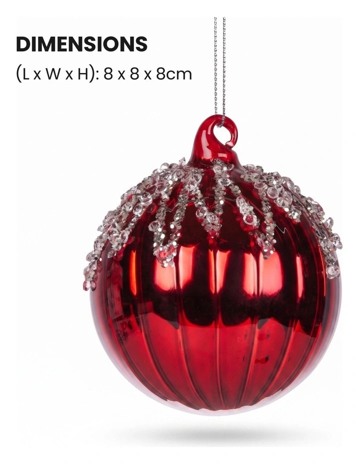 Christabelle 6 Red Glass Christmas Baubles Jewel Ice Drips 8cm Xmas Tree Decorations image 2